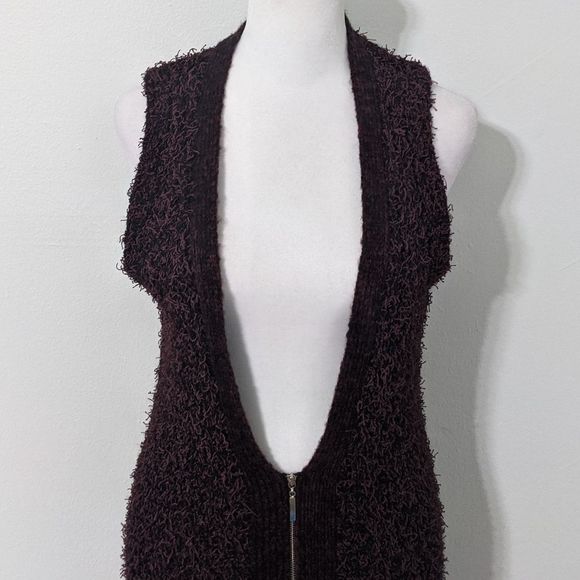BCBGeneration Wine and Black Fuzzy Long Vest Size Small - Picture 2 of 10